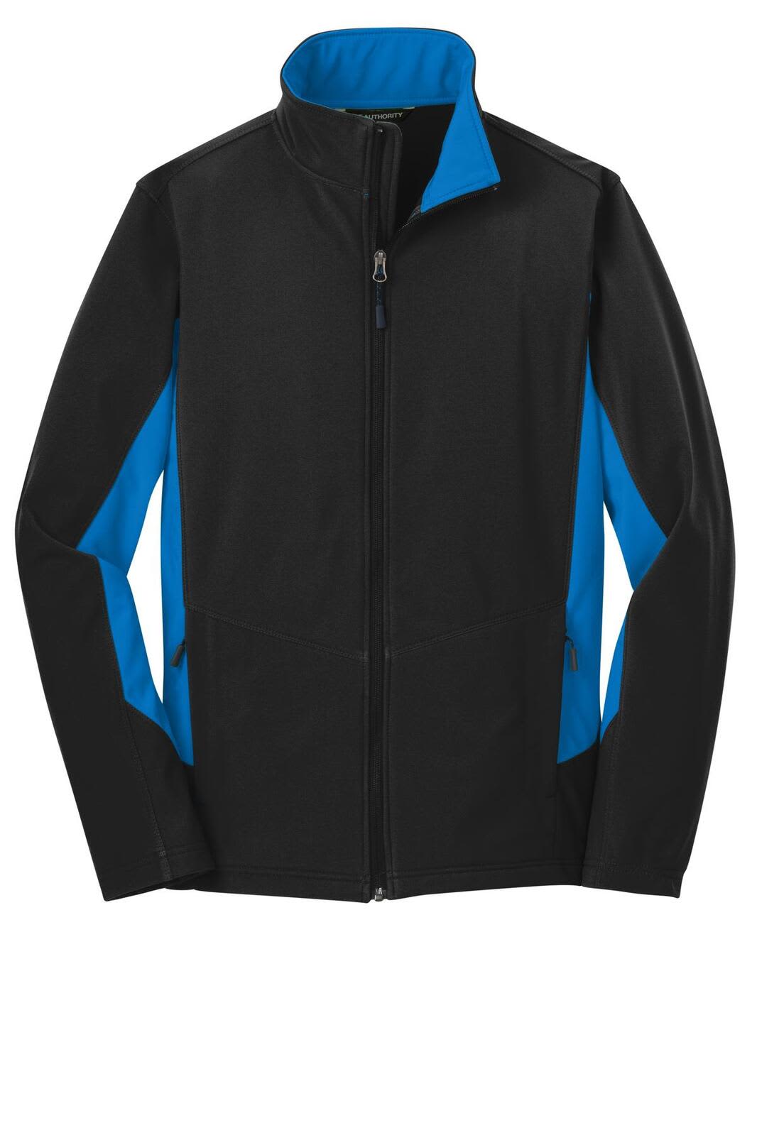 A soft shell jacket featuring a black body and blue accents, with a high collar and zippered front. It has a logo.