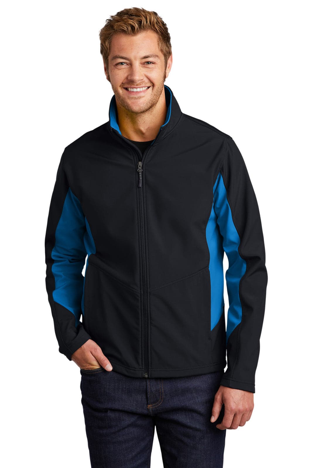 A men's soft shell jacket in black with blue colourblock accents, featuring a front zipper and a logo.