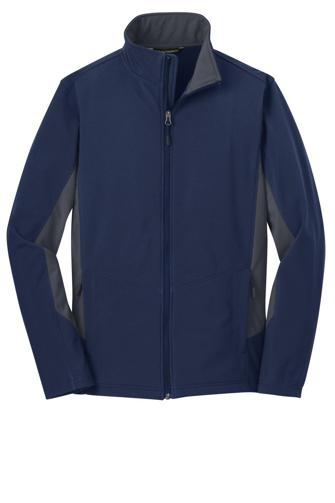 A navy and grey soft shell jacket featuring a high collar and zippered front pockets. It has a branding logo.
