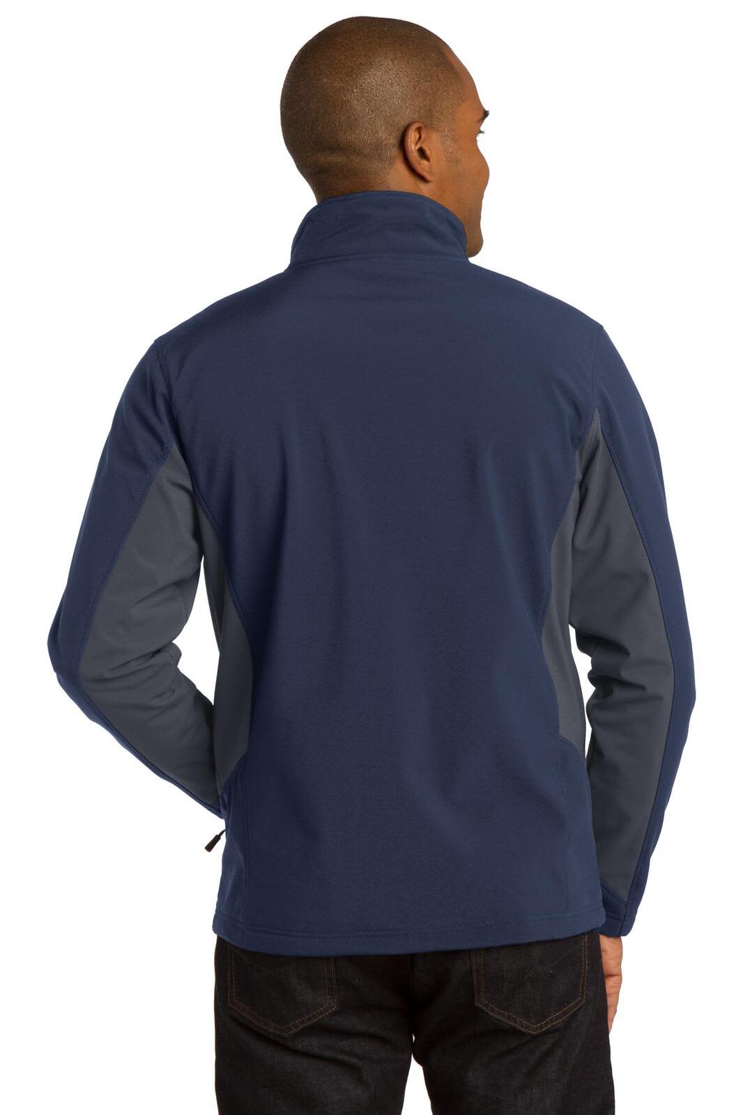 A soft shell jacket in navy blue with grey panels, featuring a high collar and a logo.