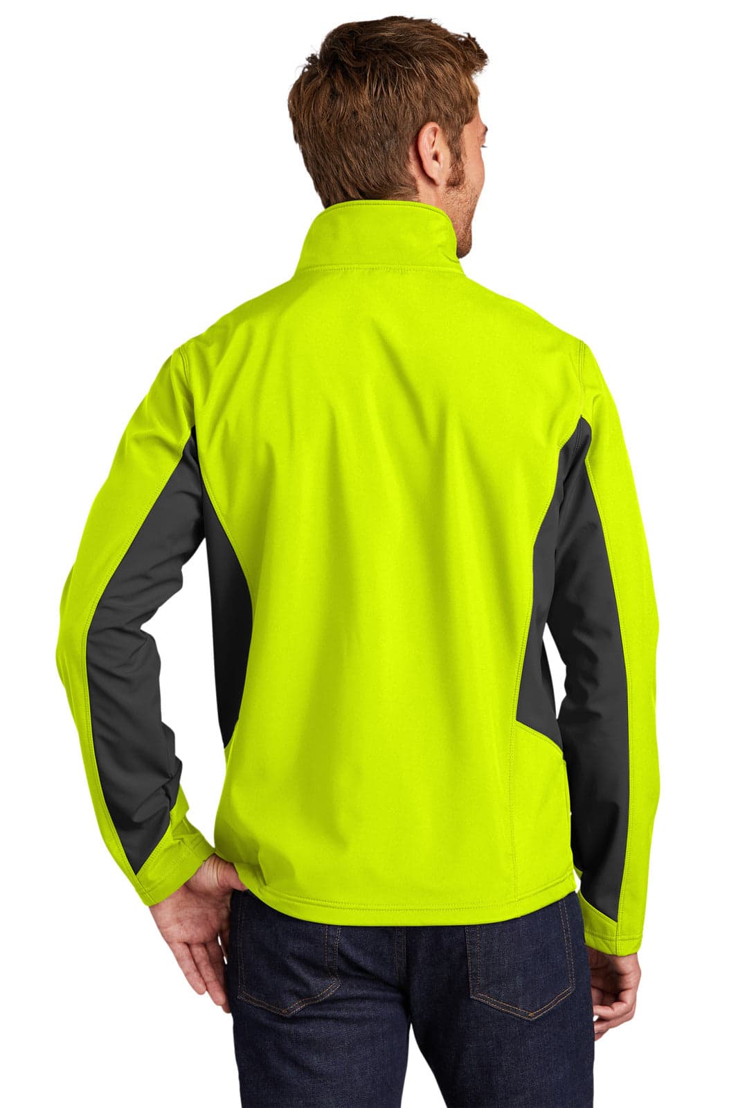A soft shell jacket in bright lime green with black accents and a logo on the back.