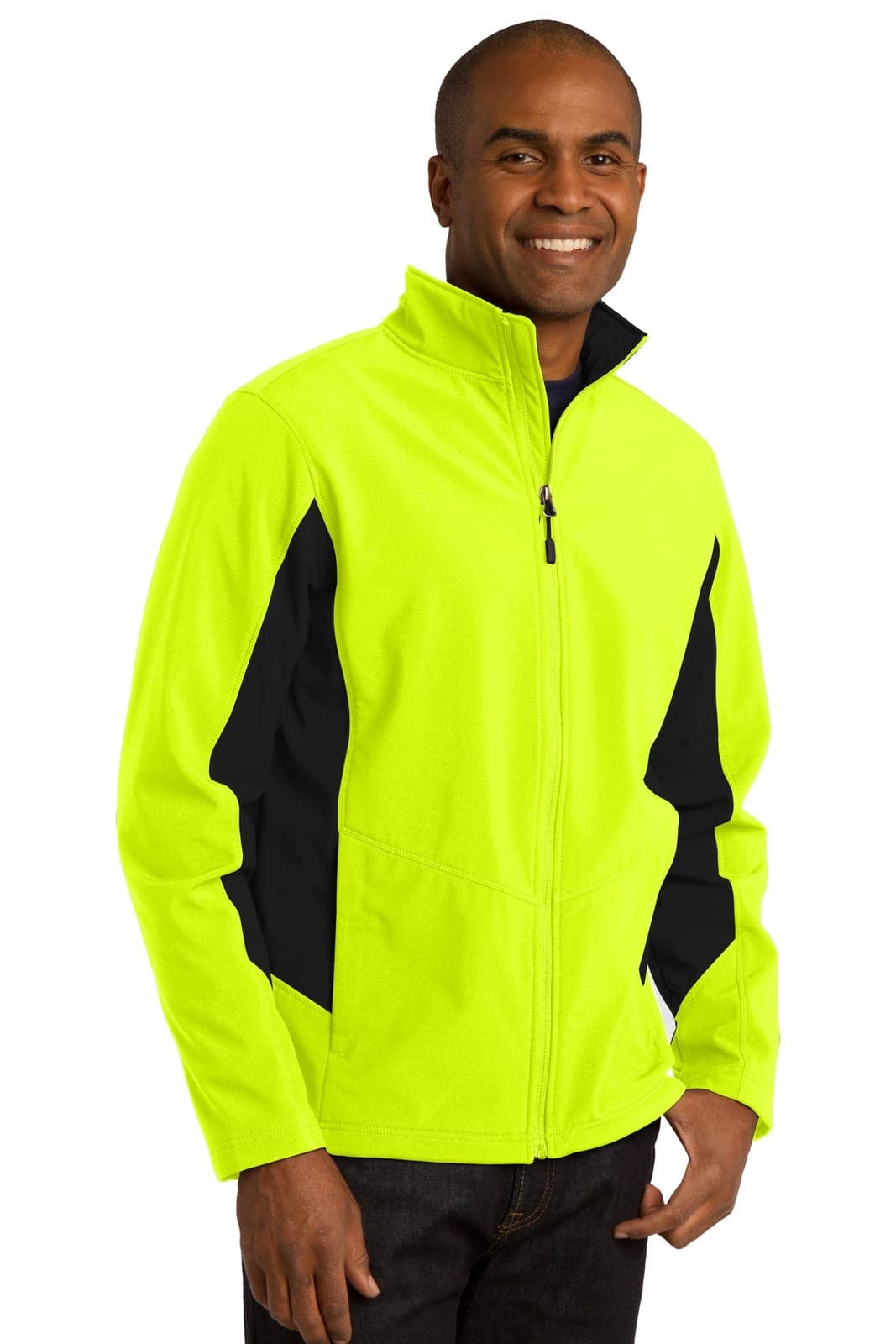 A bright yellow soft shell jacket with black accents, featuring a front zipper and a high collar.