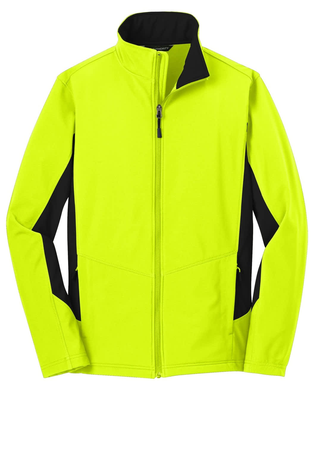 A vibrant yellow soft shell jacket with black accents and a high collar, featuring a zip closure and pockets.