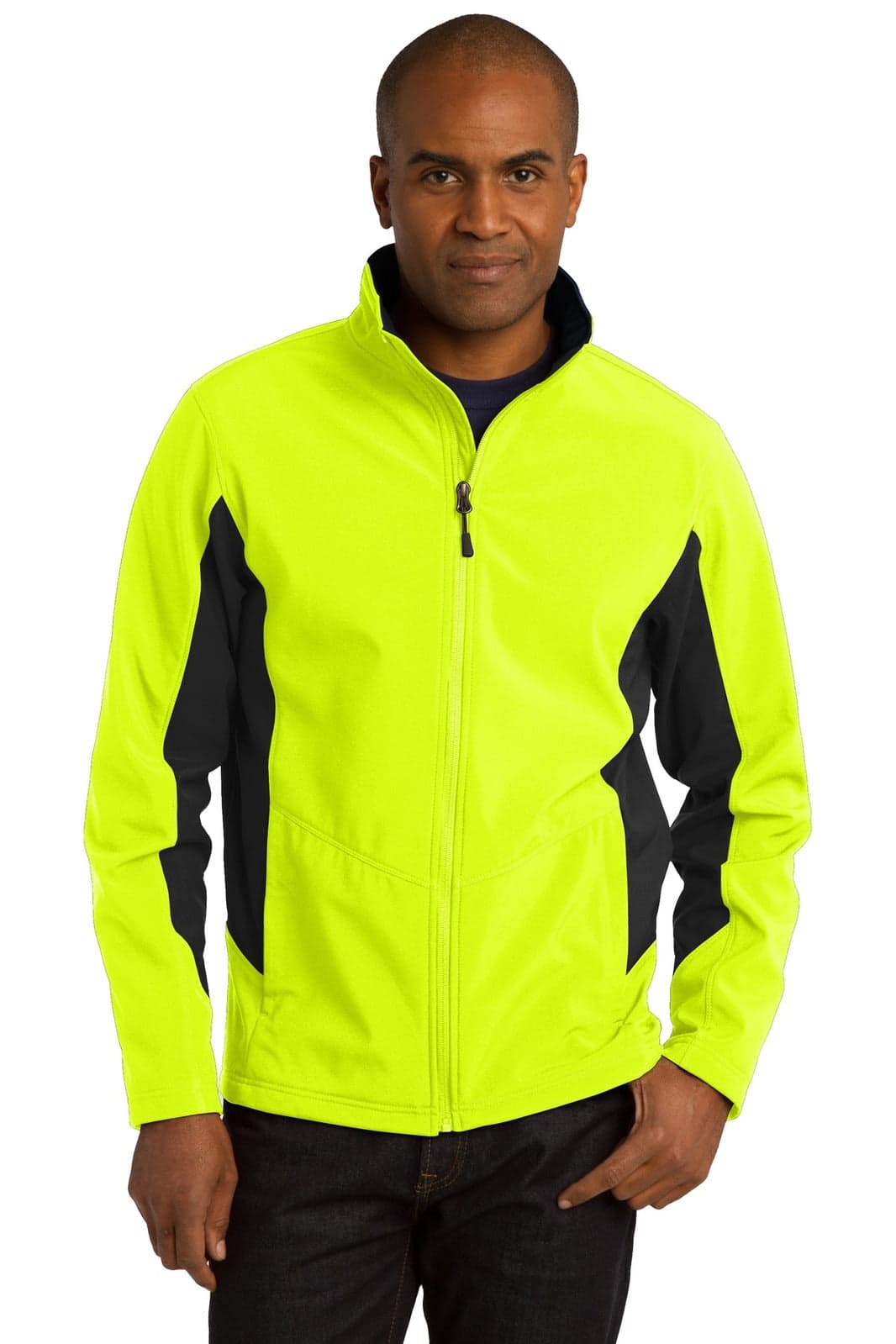 A bright yellow soft shell jacket with black accents and a zip closure, featuring a logo on the chest.