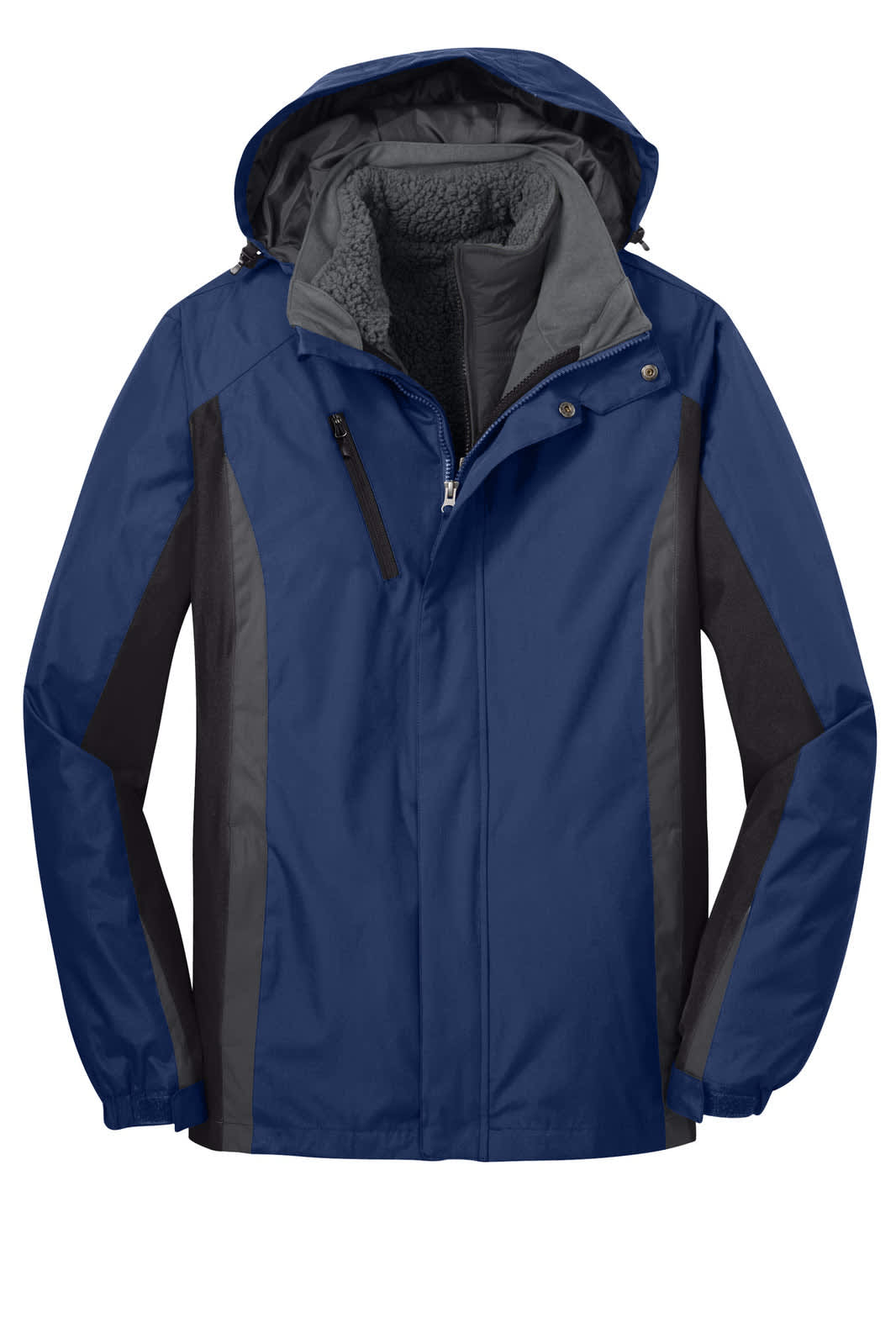 A navy and grey Port Authority Colorblock 3-in-1 jacket featuring a hood and multiple textures, with a logo.