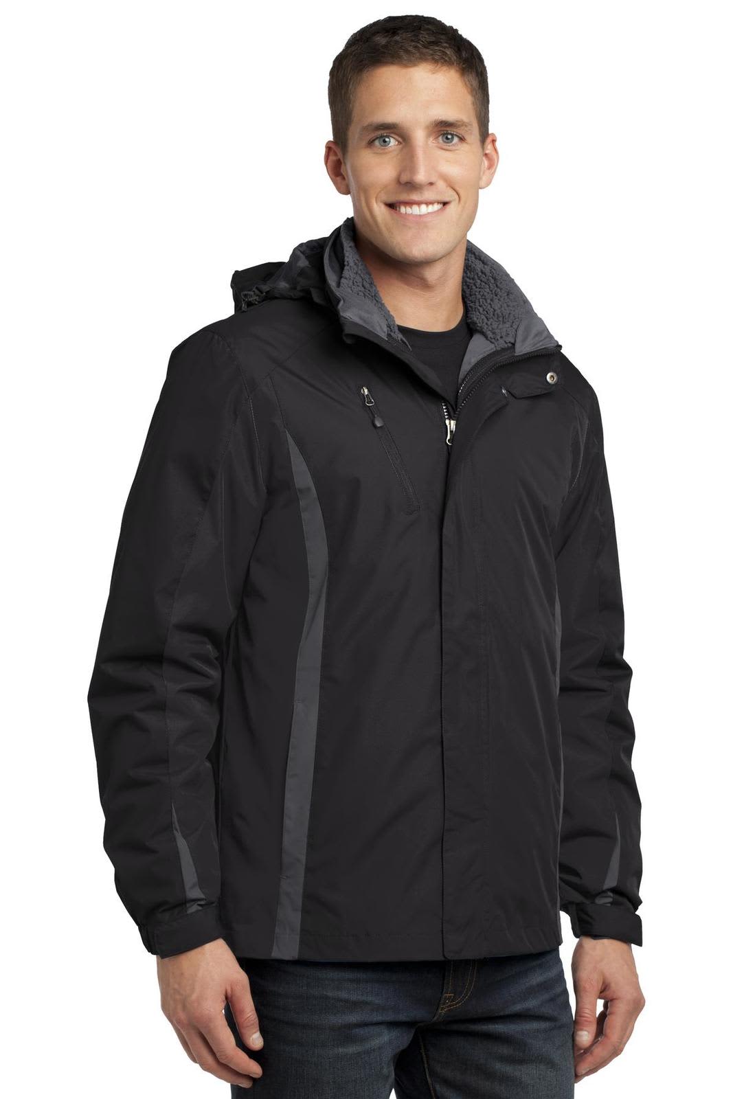 A man wearing a black and grey Port Authority Colorblock 3-in-1 jacket with a hood, featuring a logo.