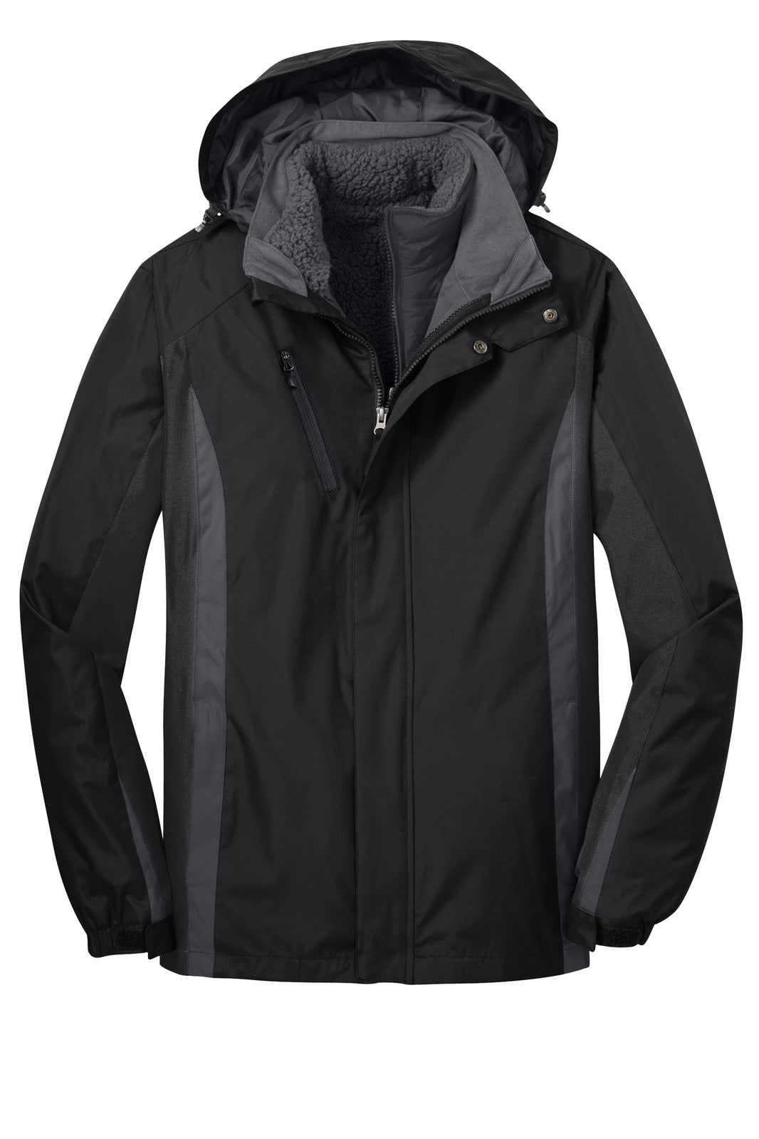 A black and grey Port Authority Colorblock 3-in-1 jacket with a hood and zipped front. It has a logo on it.
