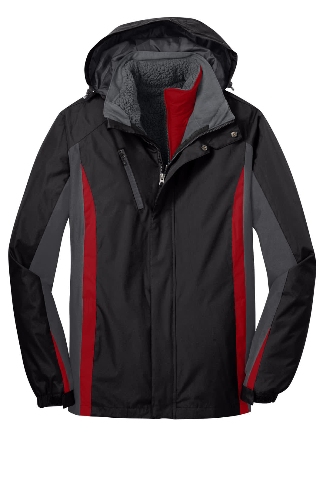 A black and grey jacket with red accents and a detachable hood, featuring a logo on one side.
