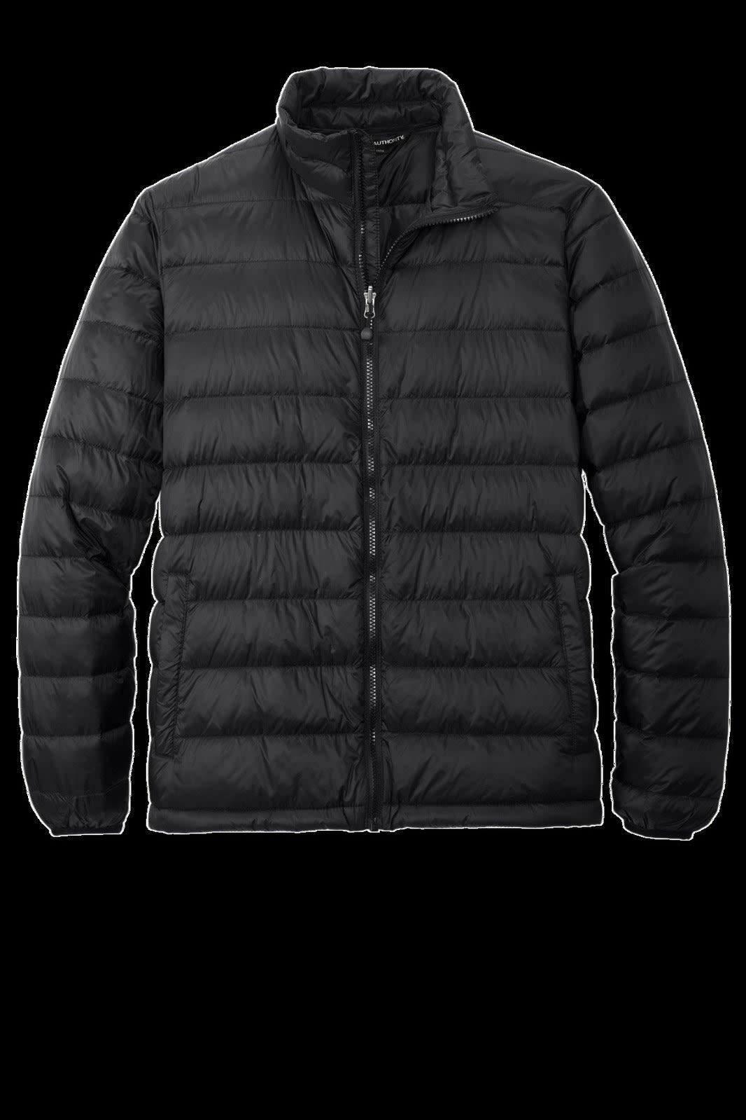 A black down jacket with a zip front and a stand collar, featuring a logo on the chest.