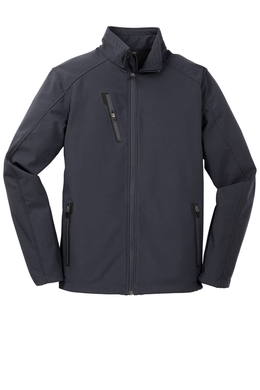 A navy soft shell jacket featuring a full zip, side pockets, and a zippered chest pocket. It has a brand logo.