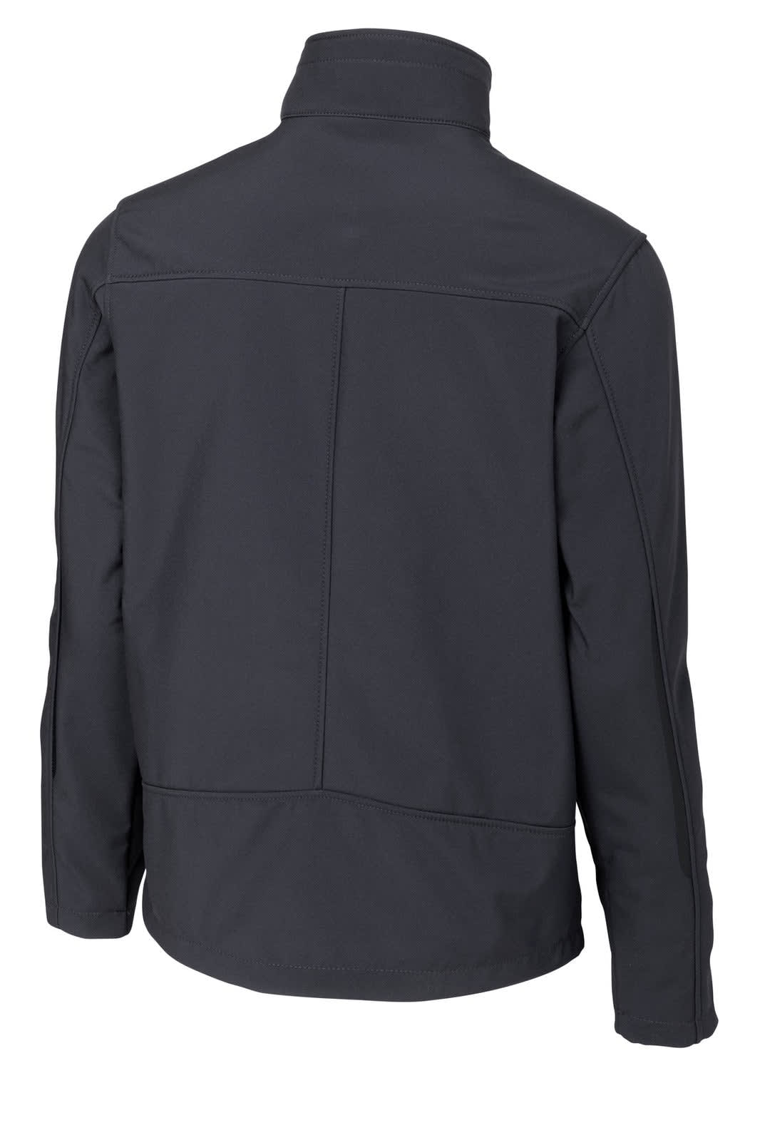 A dark grey soft shell jacket featuring a sleek design and a collar, with a logo on the back.