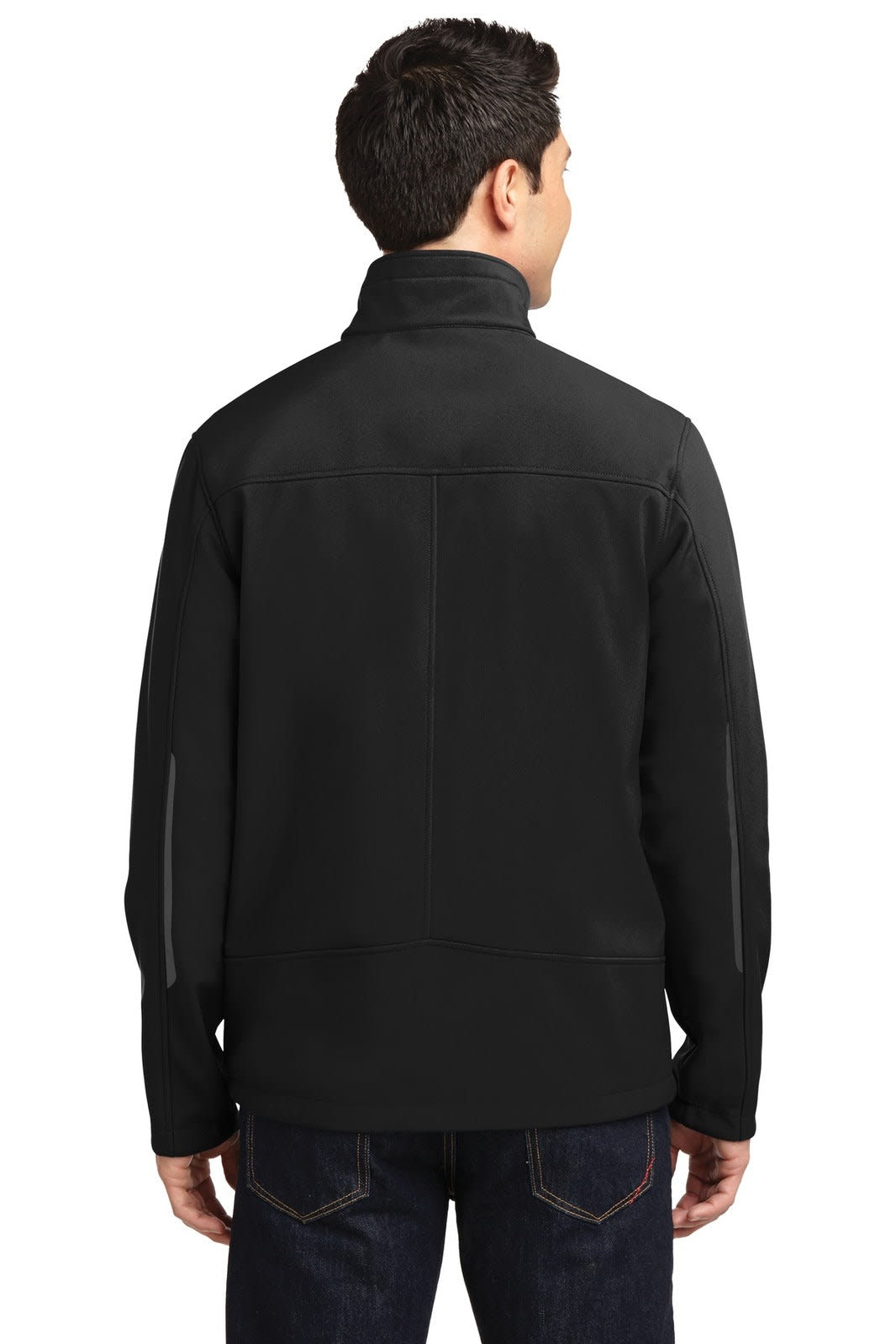 A black Port Authority Welded Soft Shell Jacket viewed from the back, featuring a sleek design and a logo.