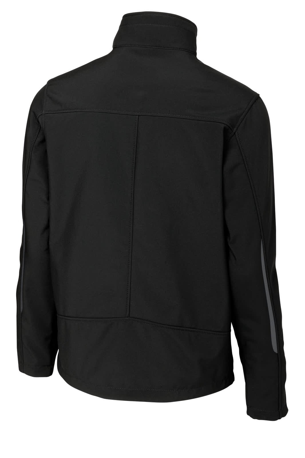A black Port Authority Welded Soft Shell Jacket with a sleek design and a logo on the back.