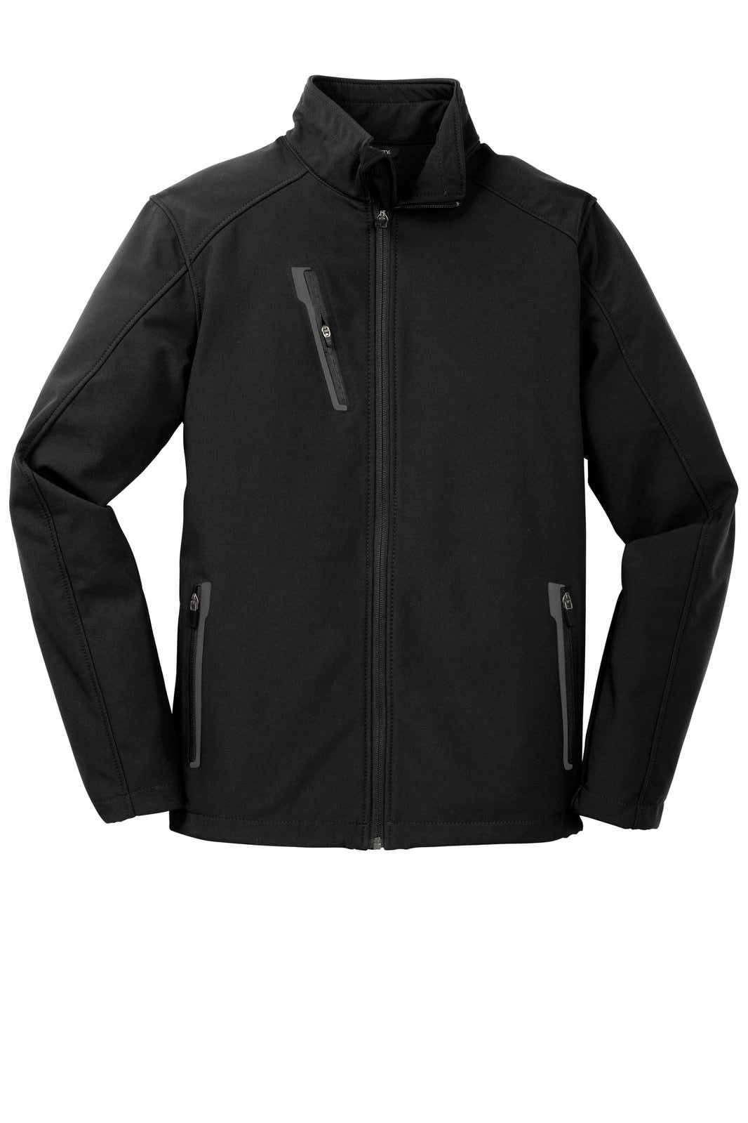 A black soft shell jacket with a zip front, two side pockets, and a chest pocket, featuring a logo.