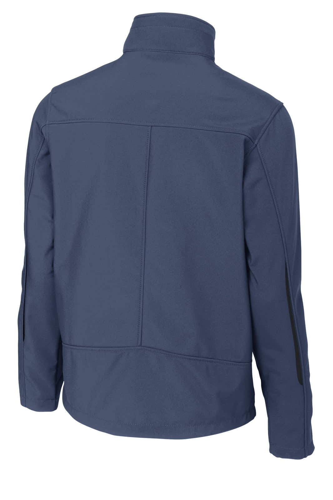 A navy blue Port Authority Welded Soft Shell Jacket featuring a high collar and side pockets. It has a logo on it.