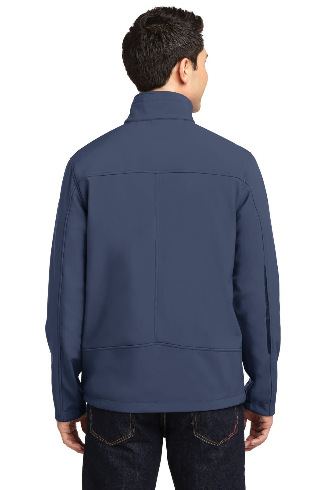 A soft shell jacket in navy blue, featuring a high collar and a branded logo at the back.