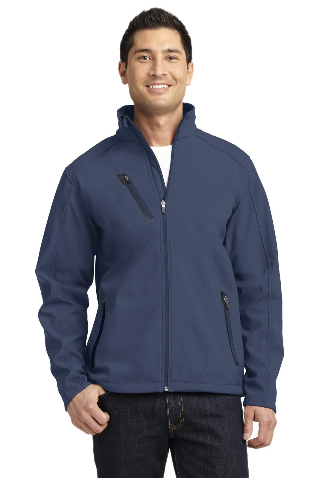 A navy soft shell jacket with a zippered front and side pockets, modelled by a man. Features branding on the jacket.