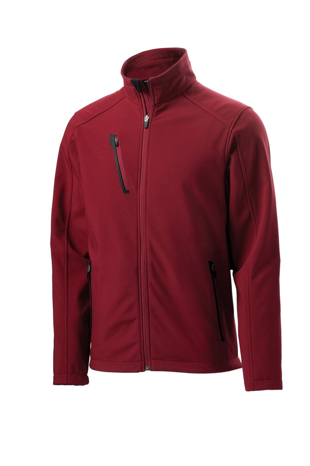 A deep red soft shell jacket with a zip front, side pockets, and a zippered chest pocket. Features a logo.