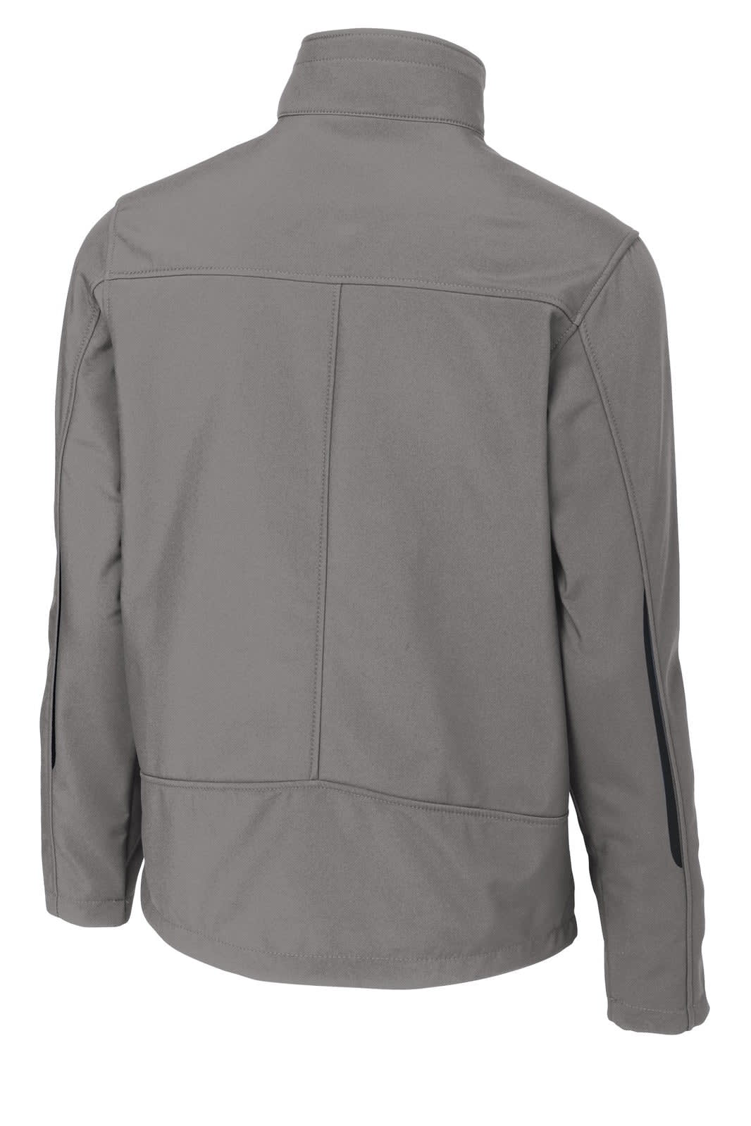 A grey Welded Soft Shell Jacket with a sleek design and a back view, featuring a logo.