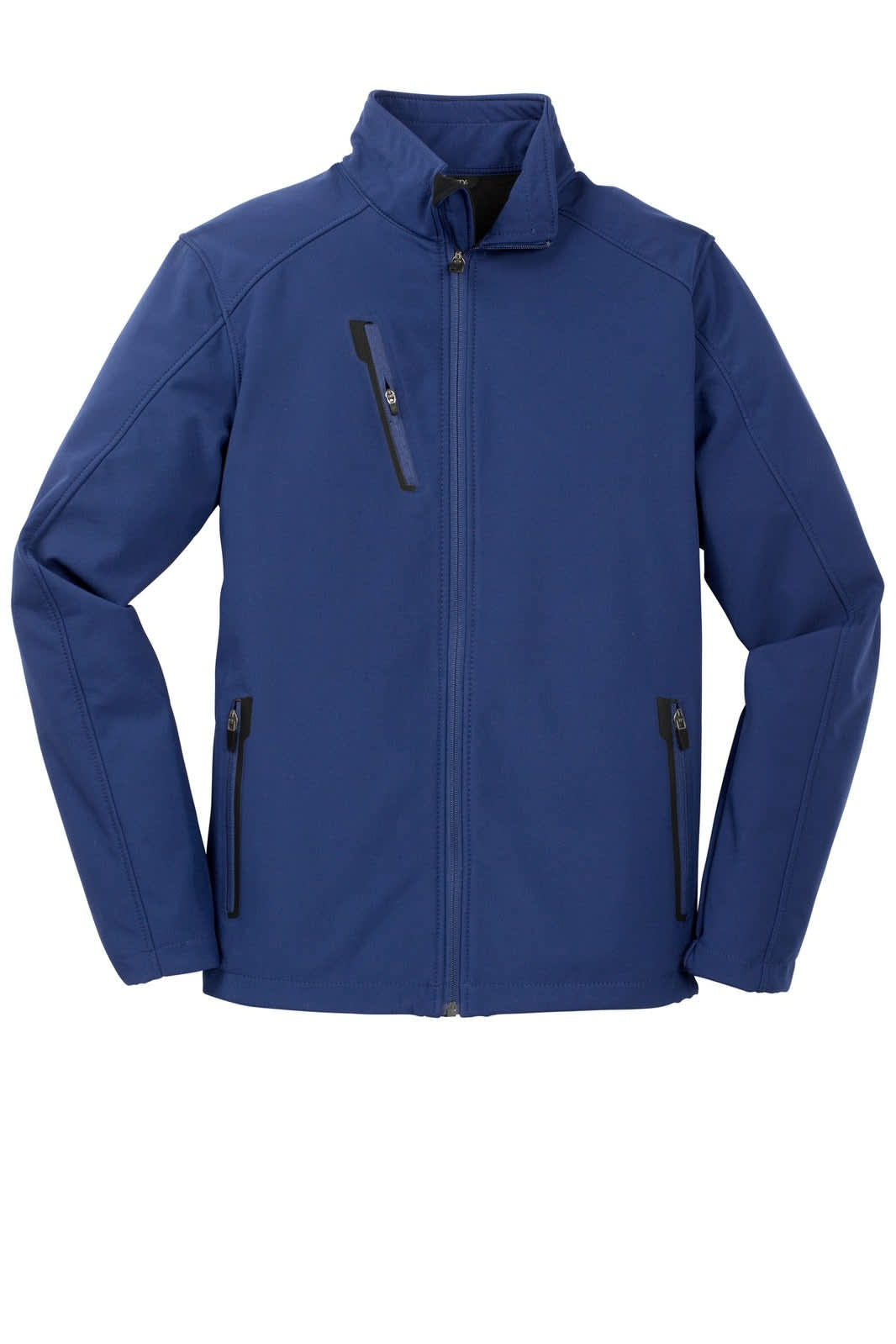 A blue soft shell jacket with zippered pockets and a collar, featuring a logo on the chest.