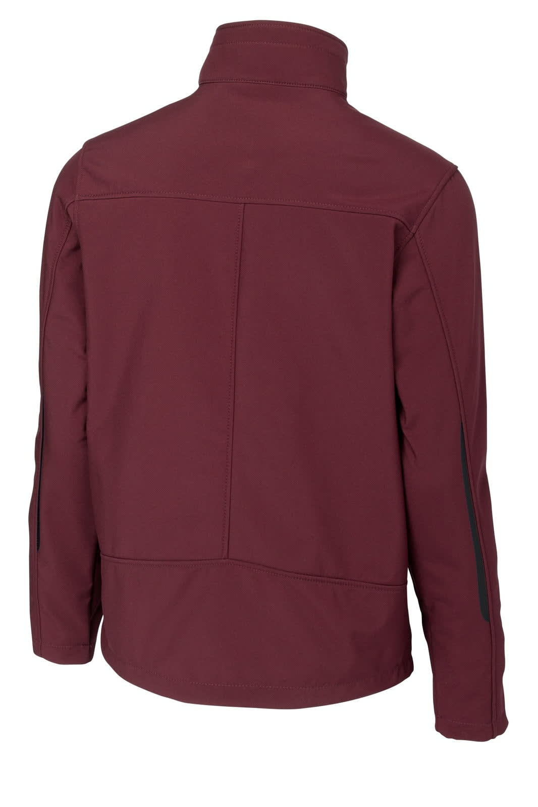 A maroon soft shell jacket featuring a collar and side zippers, with a branding logo on the back.