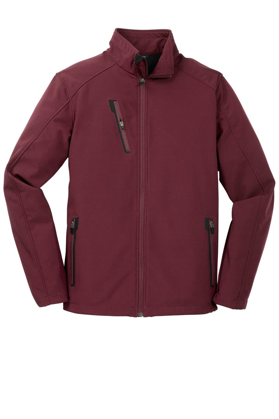 A maroon soft shell jacket featuring a zipped front and pockets, with a small logo on the chest.