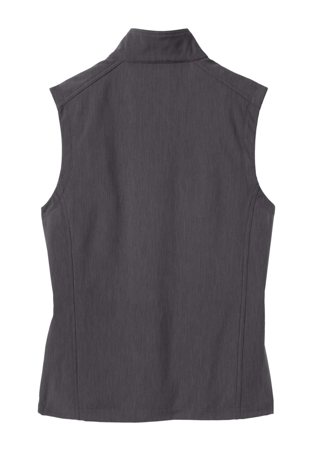 A grey soft shell vest with a high collar and no sleeves, featuring a logo on the back.