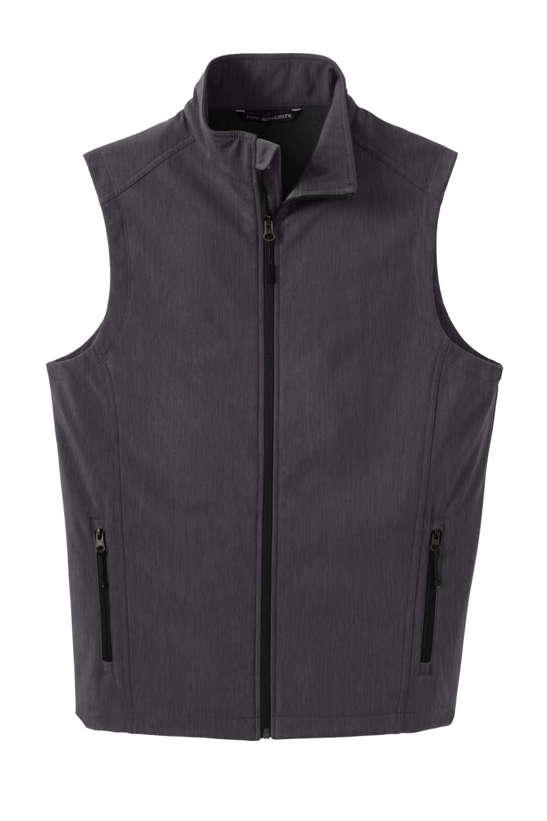 A grey soft shell vest featuring a zip front and two side pockets, with branding.