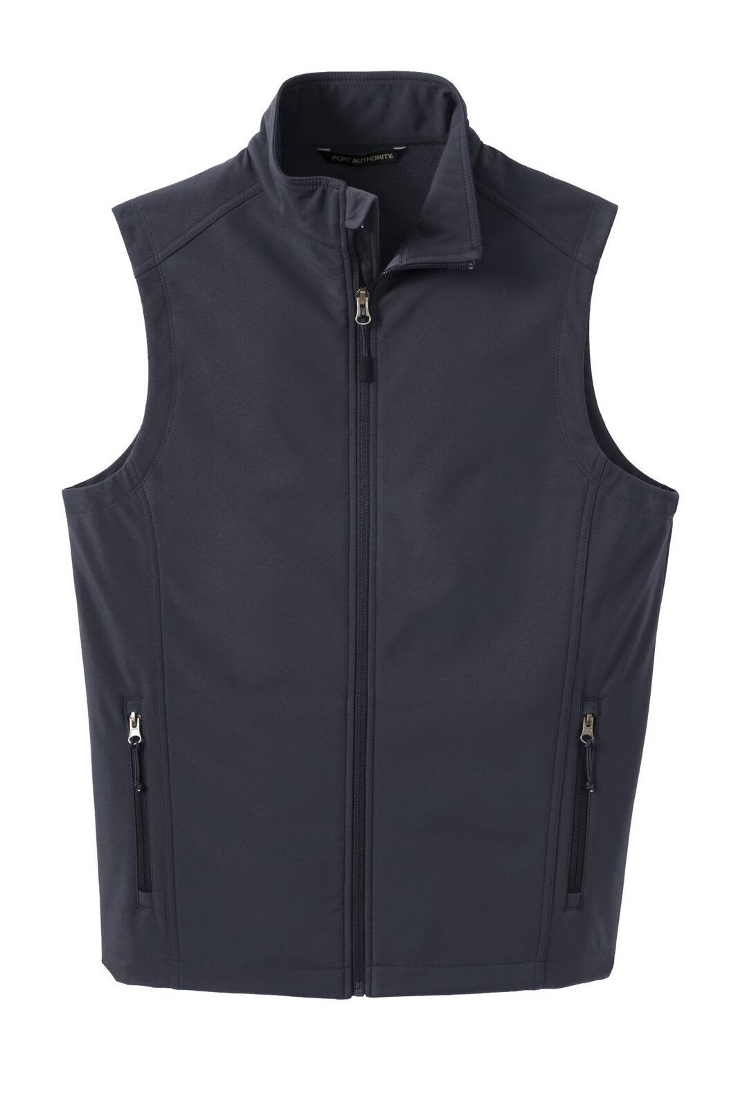 A dark grey soft shell vest with a zip front and side pockets, featuring a logo on the chest.