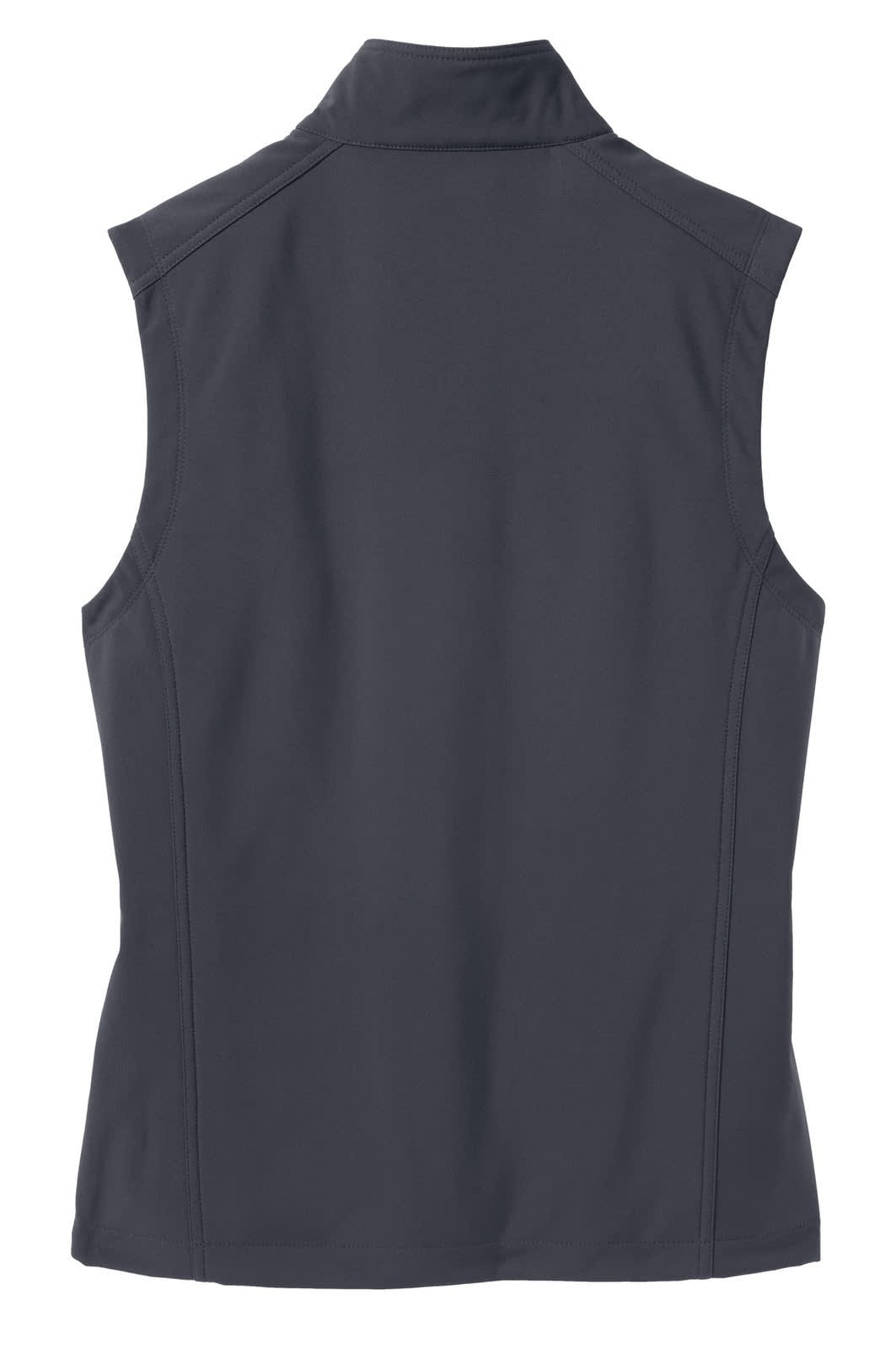 A grey soft shell vest with a high collar and no sleeves, featuring a logo on the back.