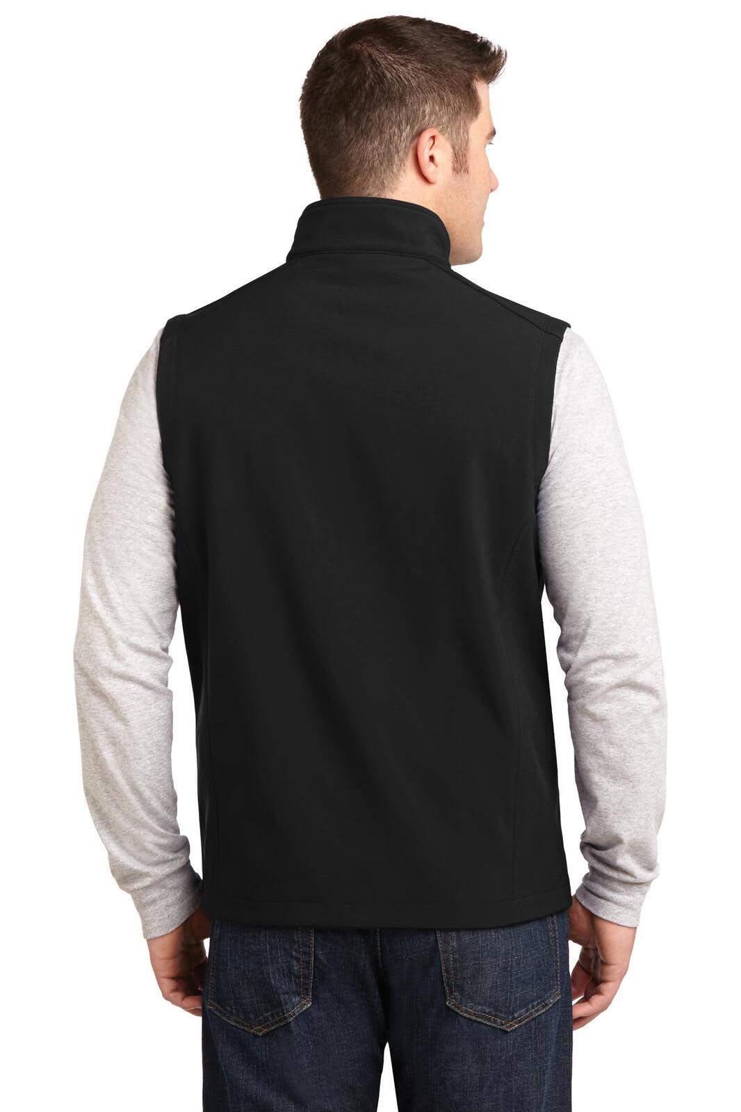 A black soft shell vest with a collar, featured on a model from the back, wearing a grey long-sleeve shirt underneath.