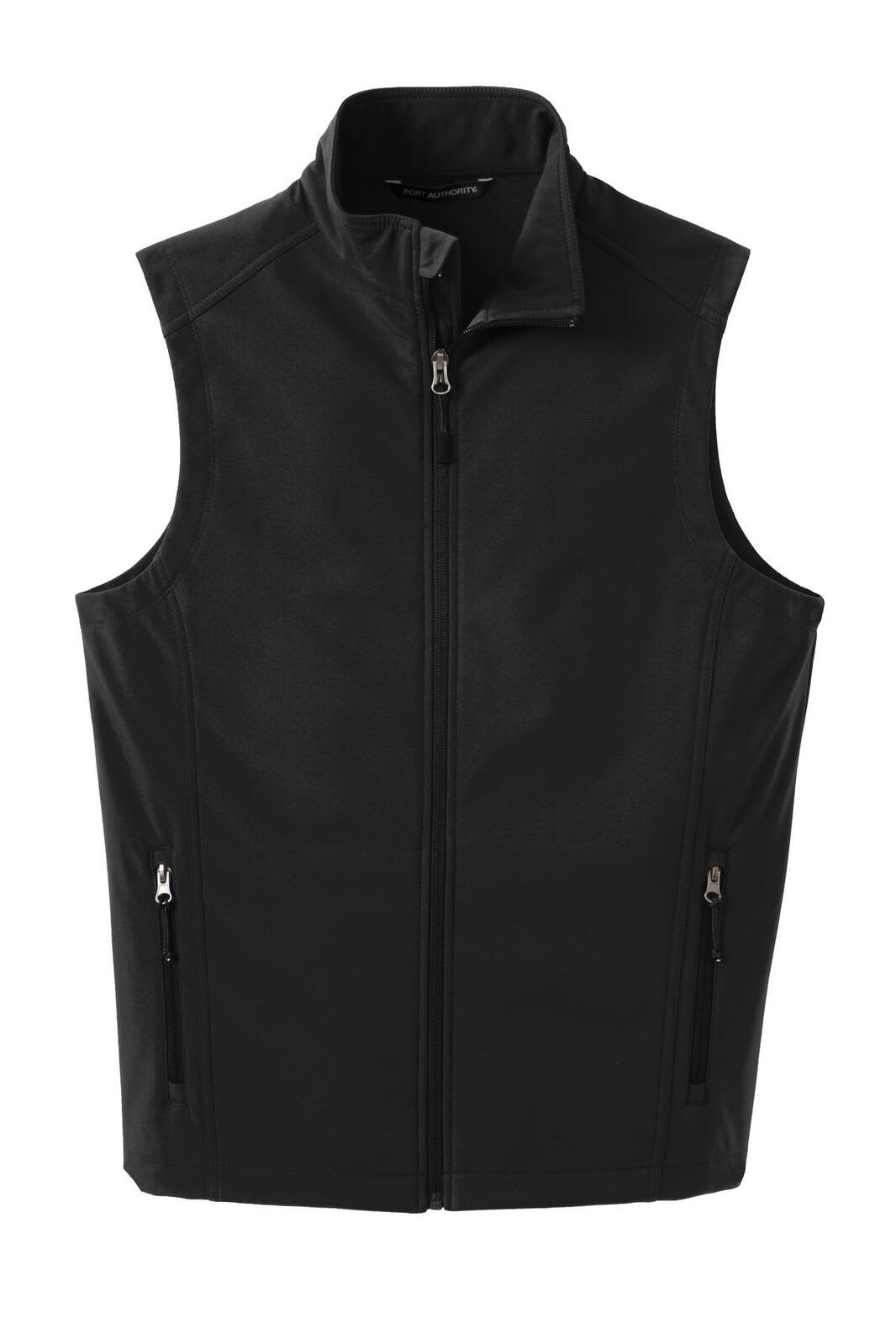 A black soft shell vest featuring a front zipper and two side pockets, with a logo on the chest.