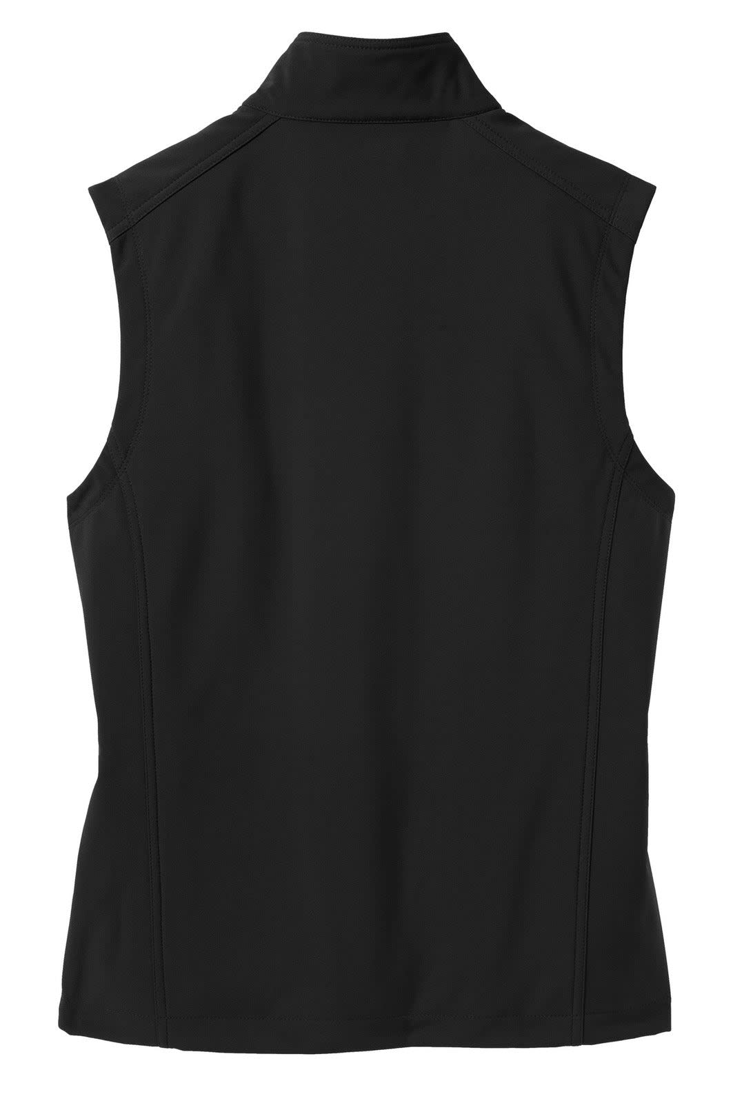 A black soft shell vest with a high collar and a fitted design, featuring a logo on the back.