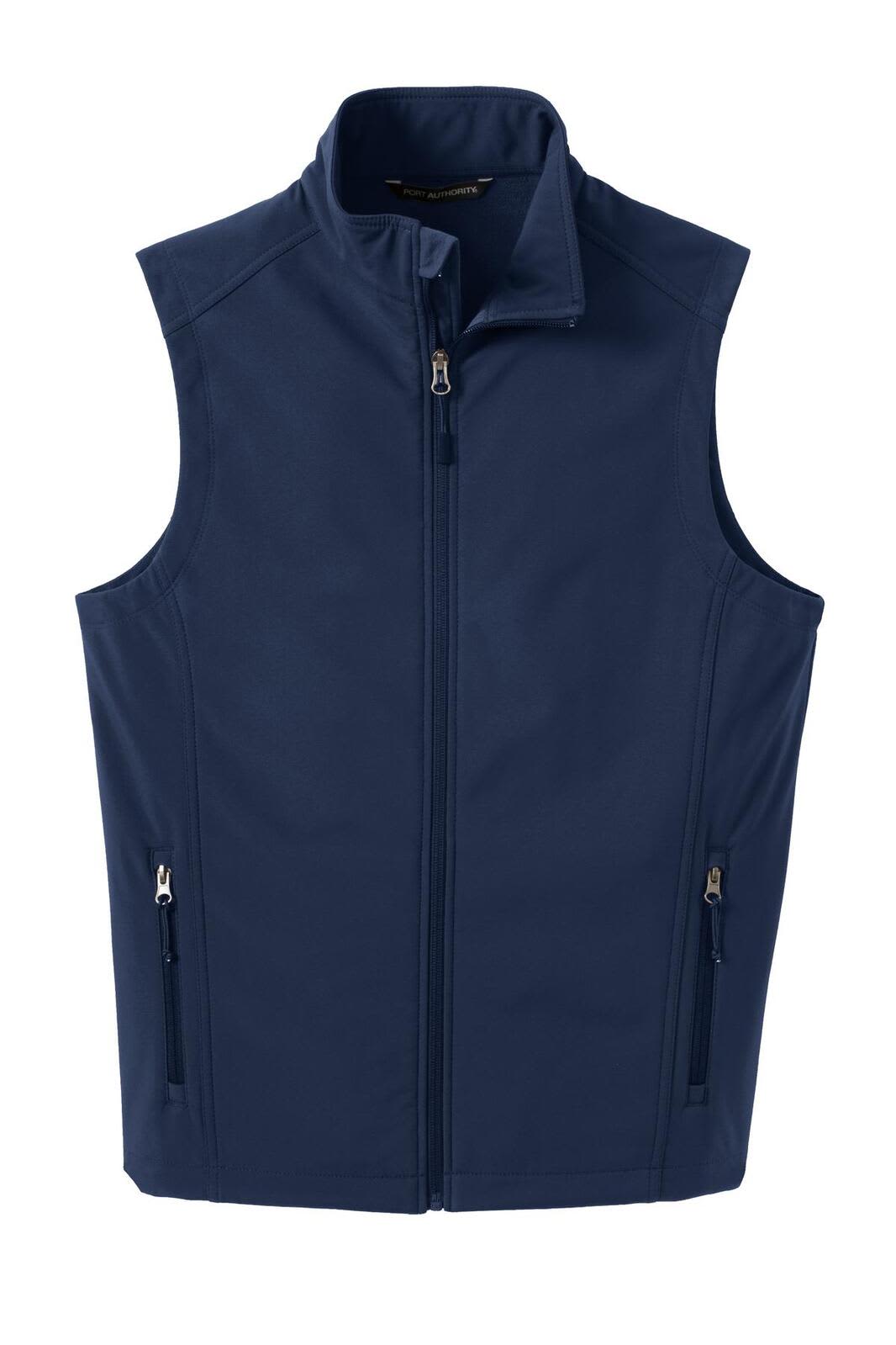 A navy blue soft shell vest with a zippered front and side pockets, featuring a branding logo.