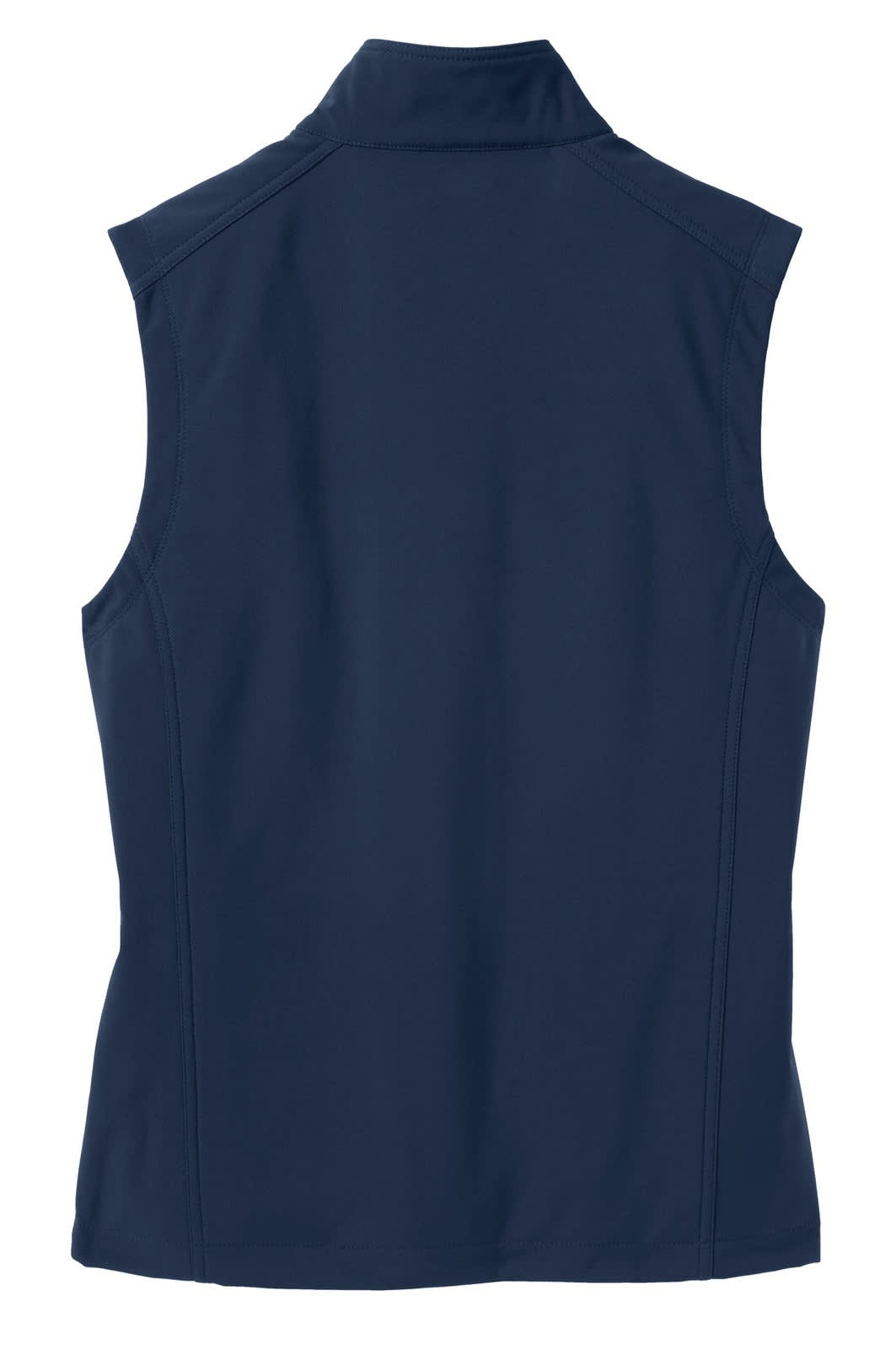 A navy soft shell vest with a high collar and no sleeves, featuring a logo on the back.