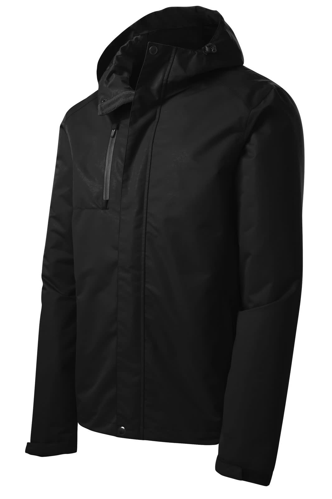 A black rain jacket featuring a hood, front zip pocket, and a logo on the chest.