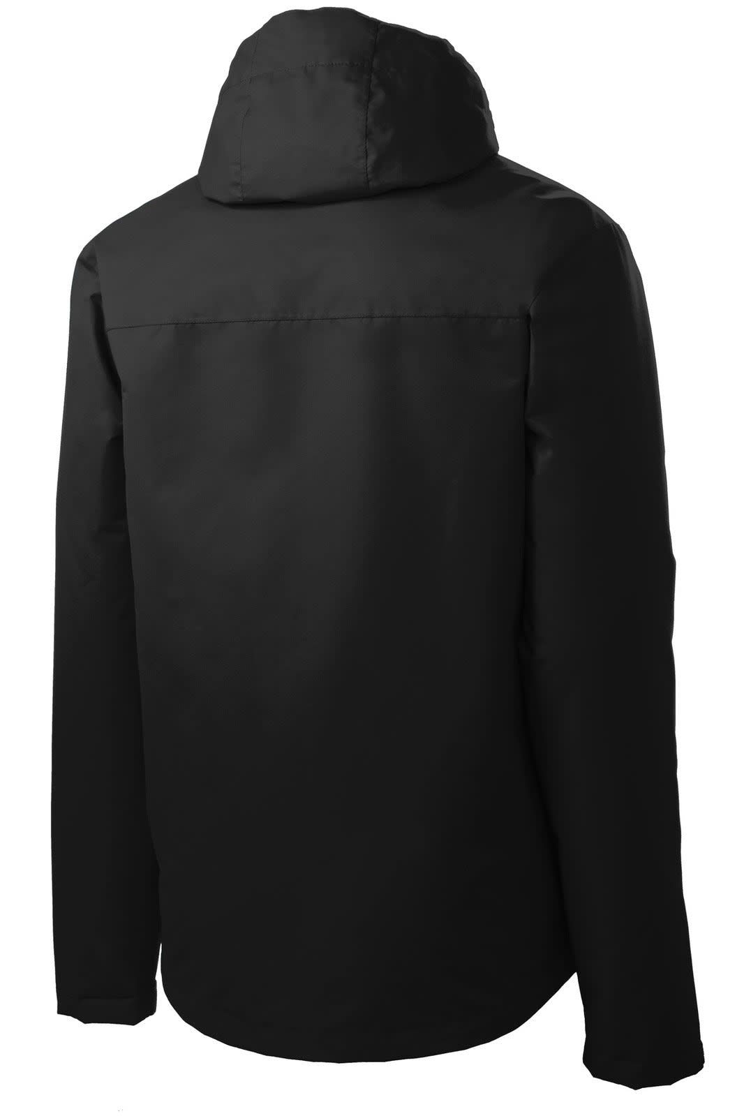 A black rain jacket with a hood, featuring a simple design and a branding logo.