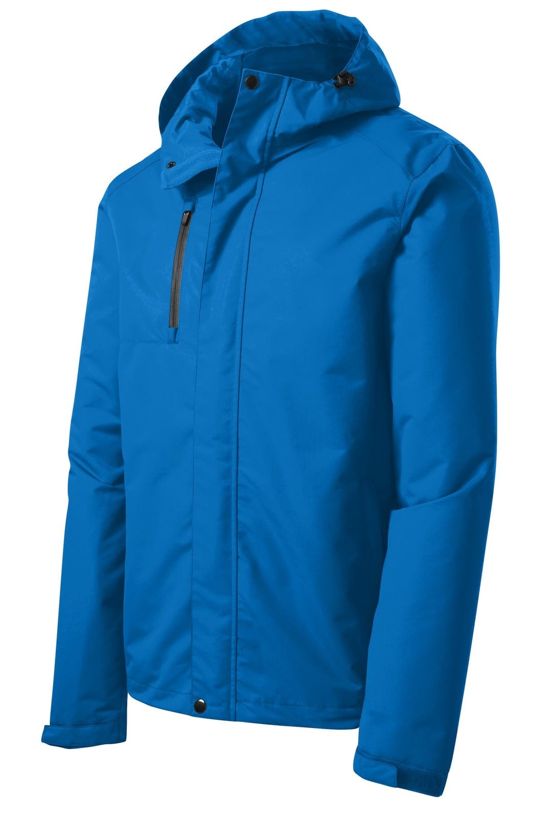 A blue Port Authority All-Conditions Jacket with a hood, featuring a zippered pocket and a branded logo.