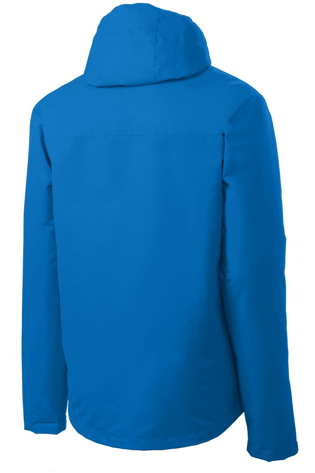 A blue rain jacket with a hood, featuring a simple design and a branded logo on the back.