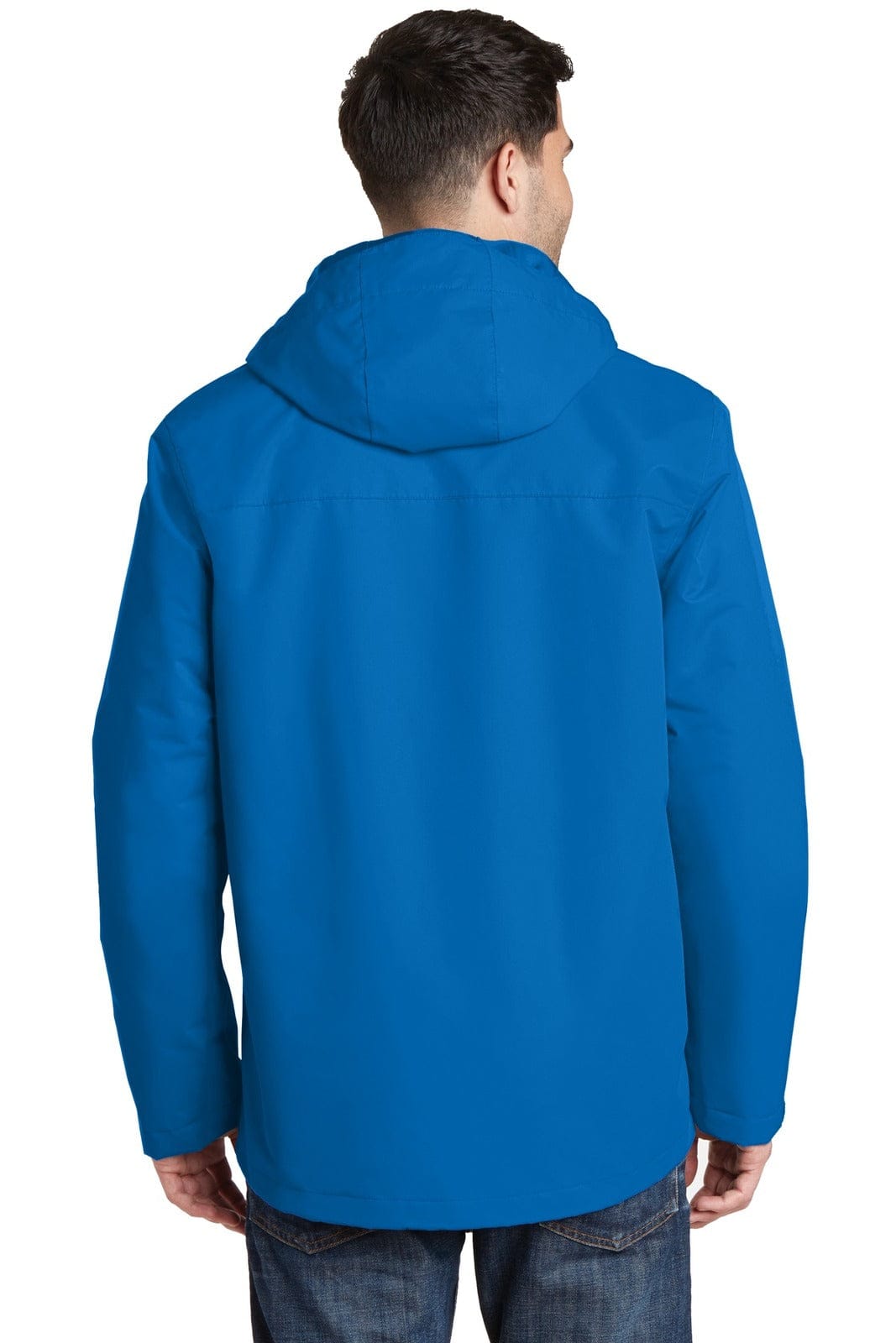 A man wearing a vibrant blue Port Authority All-Conditions Jacket, viewed from behind, featuring a hood and simple design.
