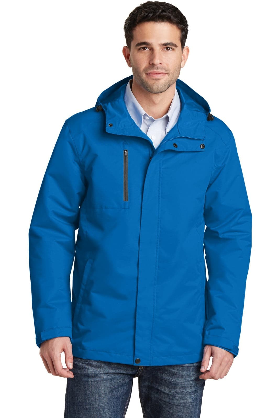 A blue rain jacket features a hood and zippered pockets, worn by a man standing with a casual stance.