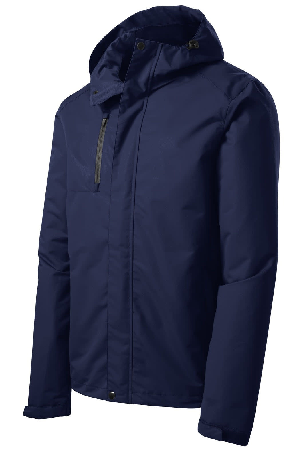A navy rain jacket with a hood and zippered pockets, featuring a logo on the front.