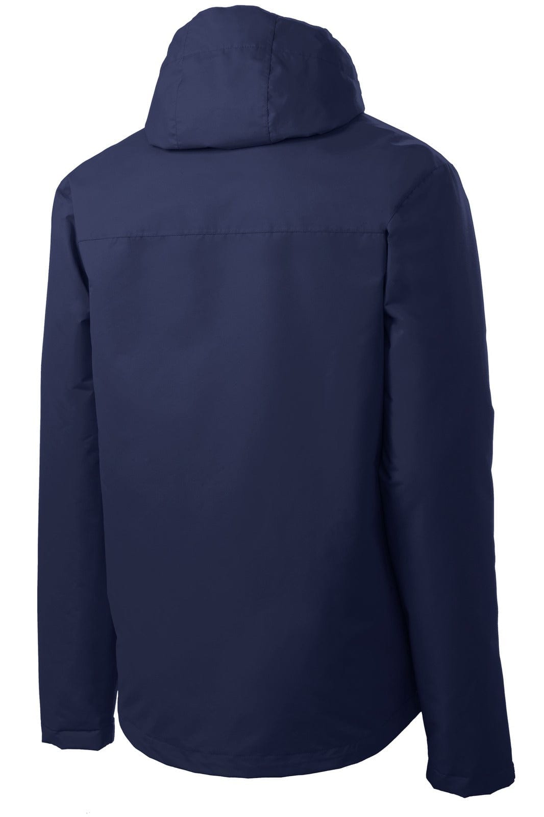 A navy blue rain jacket with a hood, featuring a smooth, lightweight design and a logo on the back.
