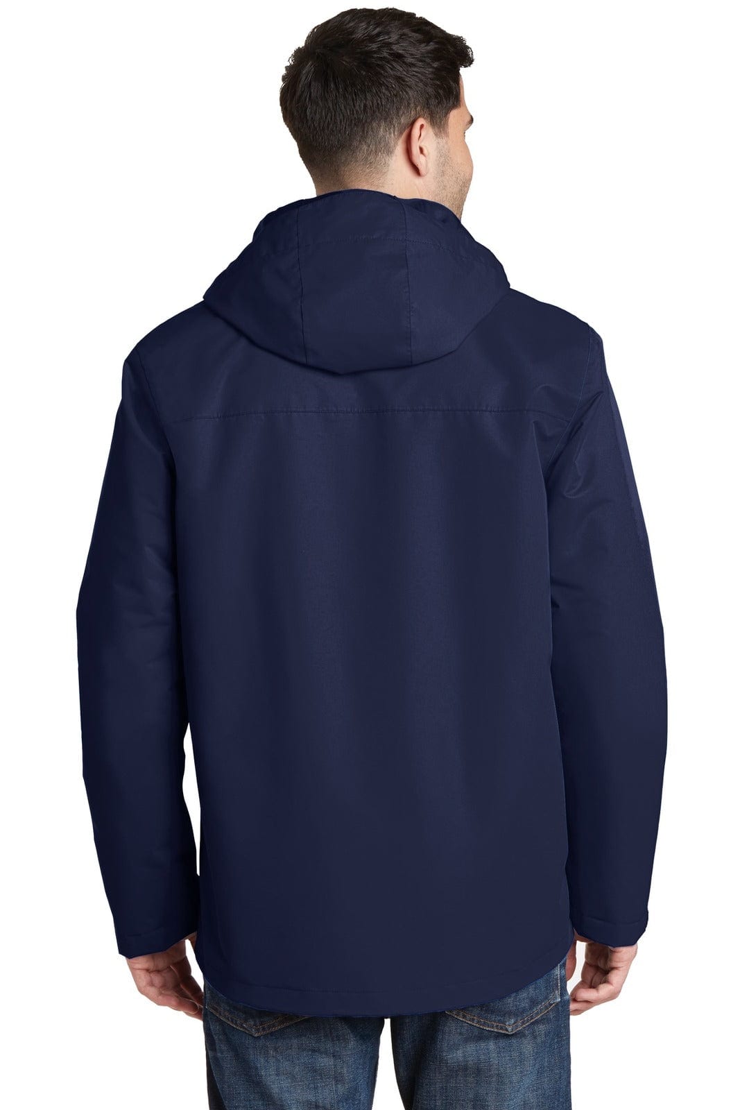 A navy blue waterproof jacket with a hood, featuring a simple design and a logo on the back.