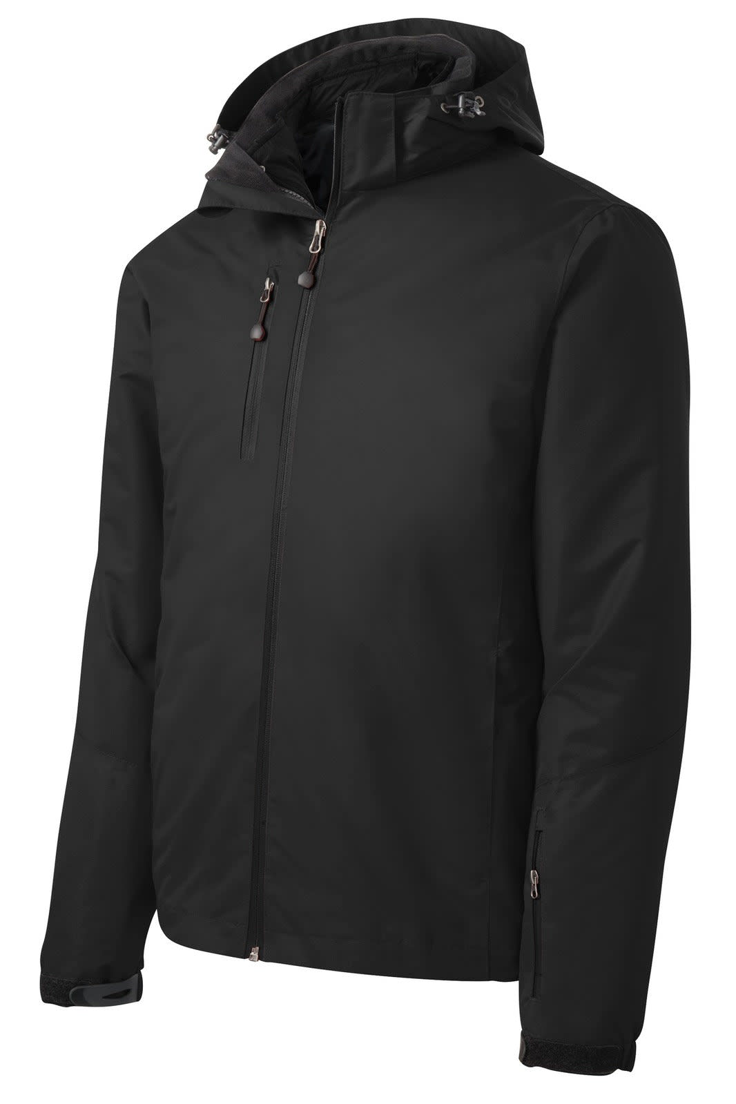 A black waterproof 3-in-1 jacket featuring a hood and multiple zippered pockets, with a logo on it.