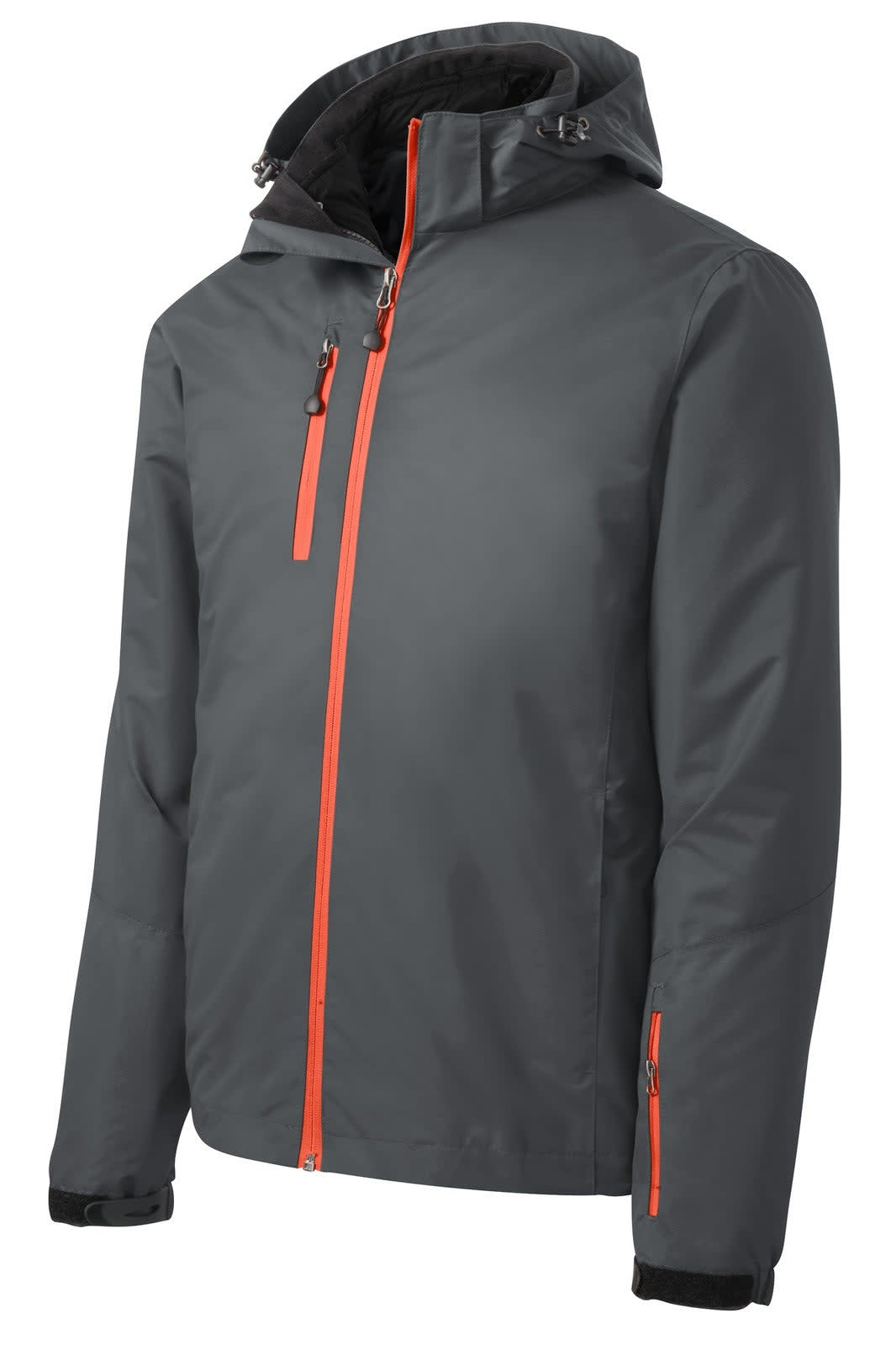 A grey waterproof 3-in-1 jacket with orange zippers and a hood, featuring a branded logo.