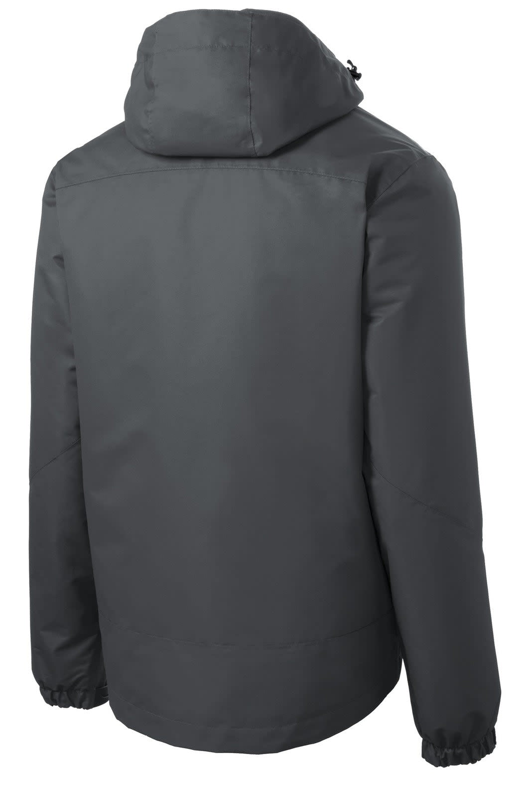 A grey waterproof 3-in-1 jacket with a hood, featuring adjustable cuffs and a logo.