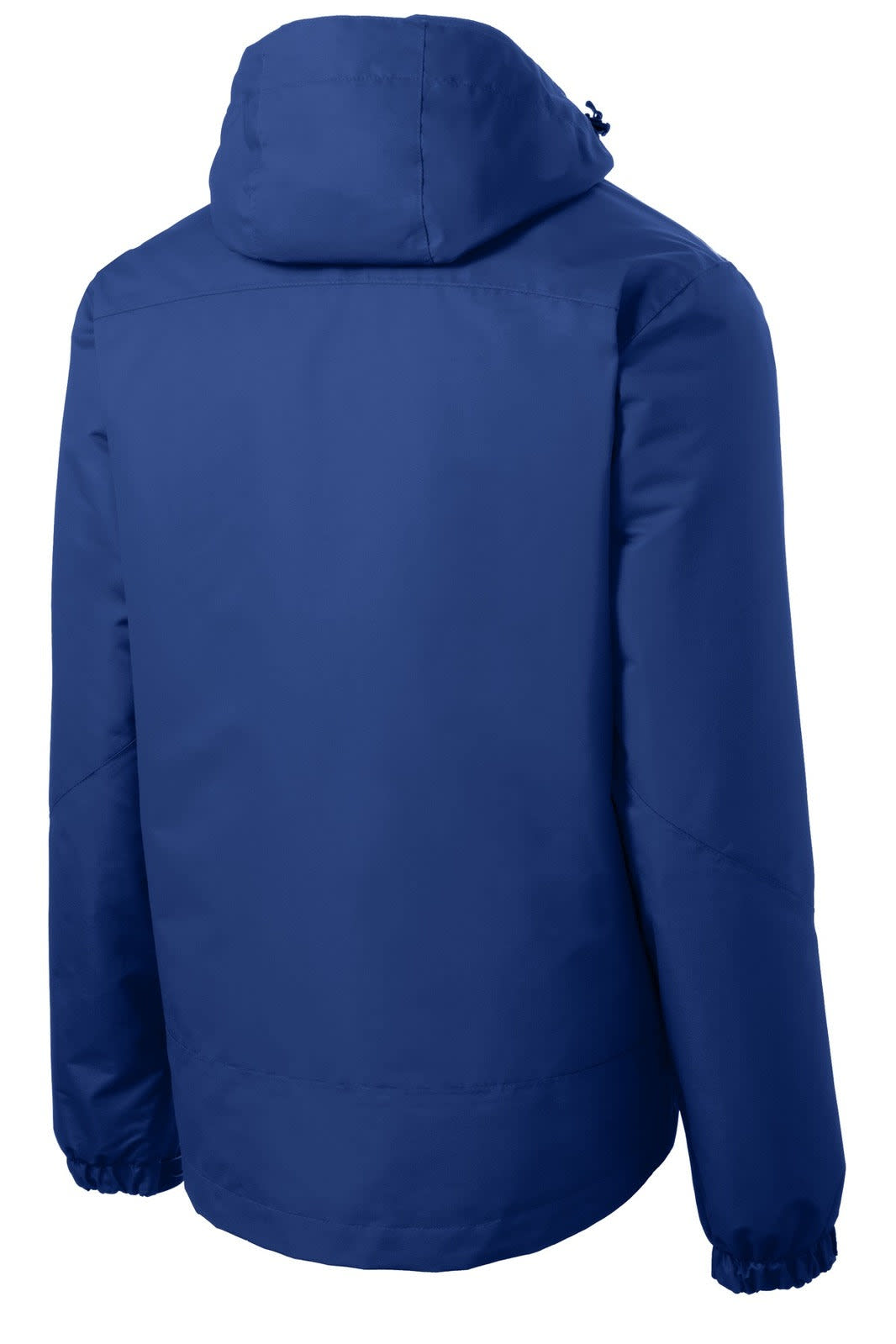 A blue waterproof jacket featuring a hood and elastic cuffs, with a logo displayed on the back.