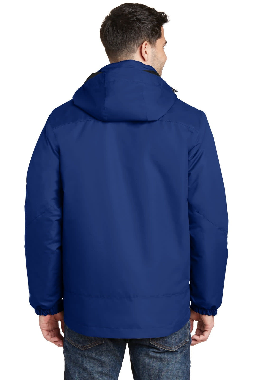 A man wearing a navy blue Port Authority Vortex Waterproof 3-in-1 Jacket, viewed from the back. The jacket features a hood.