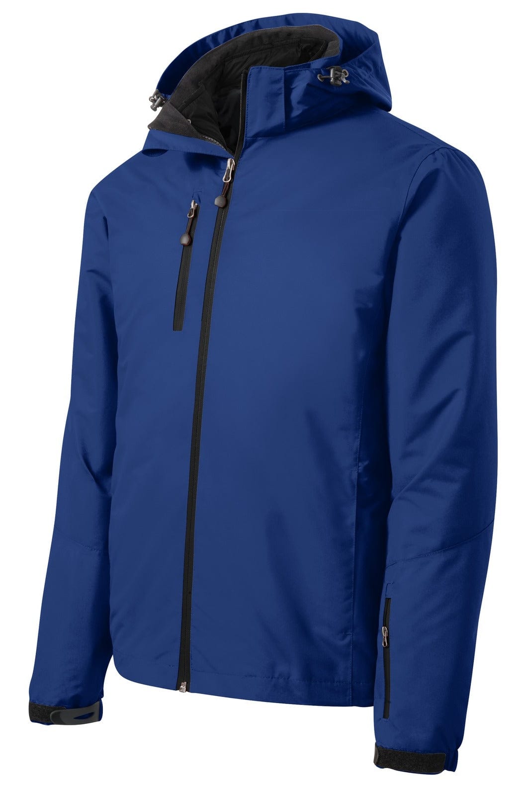 A blue waterproof 3-in-1 jacket with a hood and zippers, featuring a logo on the chest.